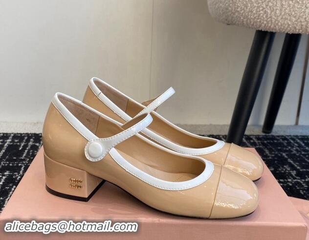 Good Quality Miu Miu Patent Leather Mary Janes Pumps with White Trim Beige 1114019