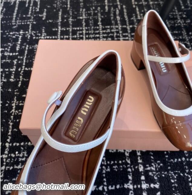 Sumptuous Miu Miu Patent Leather Mary Janes Pumps with White Trim Brown 1114020