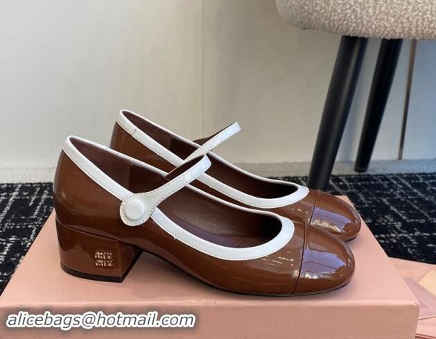 Sumptuous Miu Miu Patent Leather Mary Janes Pumps with White Trim Brown 1114020