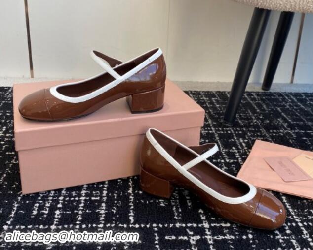 Sumptuous Miu Miu Patent Leather Mary Janes Pumps with White Trim Brown 1114020