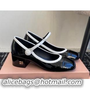 1:1 aaaaa Miu Miu Patent Leather Mary Janes Pumps with White Trim Black 114021