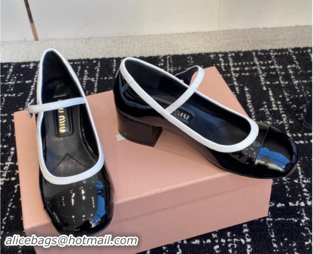 1:1 aaaaa Miu Miu Patent Leather Mary Janes Pumps with White Trim Black 114021