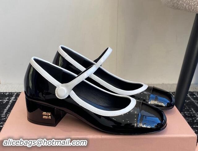 1:1 aaaaa Miu Miu Patent Leather Mary Janes Pumps with White Trim Black 114021