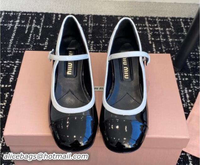 1:1 aaaaa Miu Miu Patent Leather Mary Janes Pumps with White Trim Black 114021