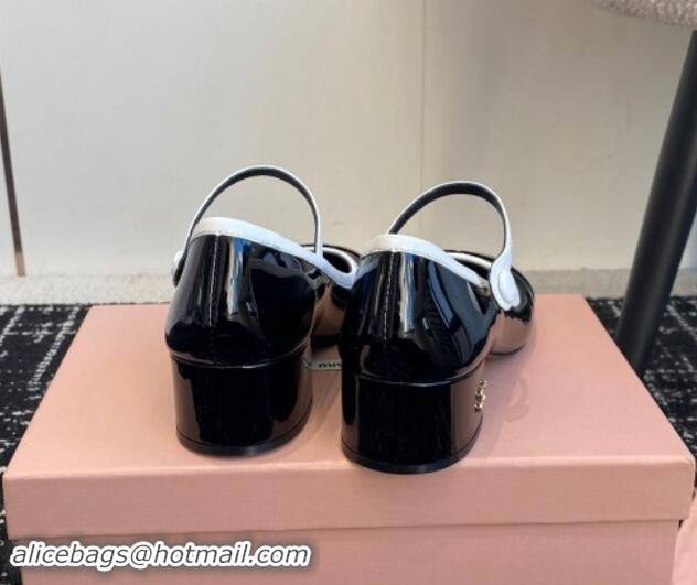 1:1 aaaaa Miu Miu Patent Leather Mary Janes Pumps with White Trim Black 114021