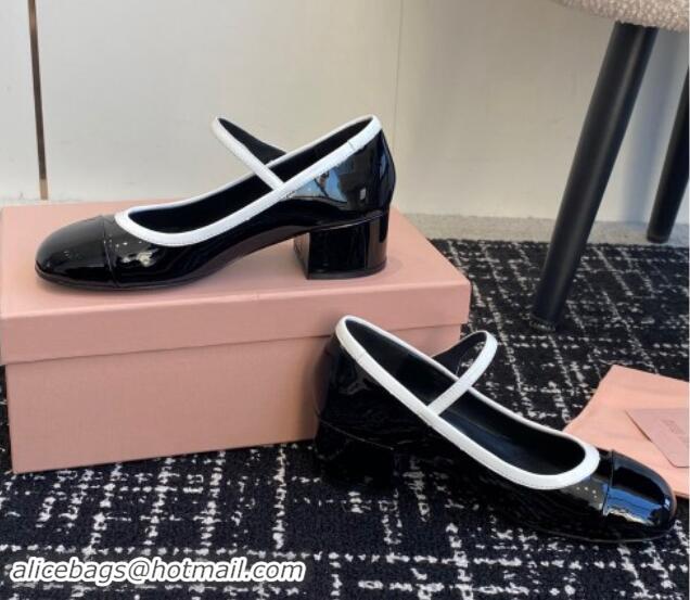 1:1 aaaaa Miu Miu Patent Leather Mary Janes Pumps with White Trim Black 114021