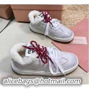 Stylish Miu Miu Bleached Leather Sneakers with Double Laces and Wool Fur Lining White 1114022