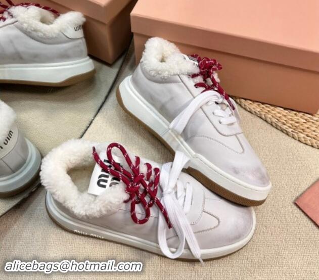 Stylish Miu Miu Bleached Leather Sneakers with Double Laces and Wool Fur Lining White 1114022