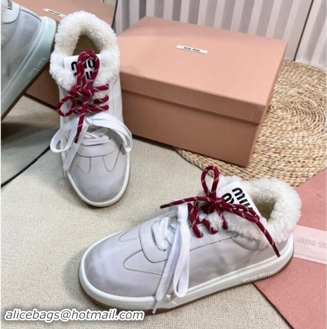 Stylish Miu Miu Bleached Leather Sneakers with Double Laces and Wool Fur Lining White 1114022