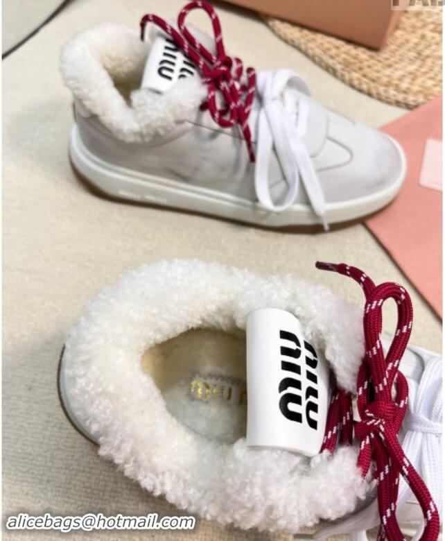 Stylish Miu Miu Bleached Leather Sneakers with Double Laces and Wool Fur Lining White 1114022