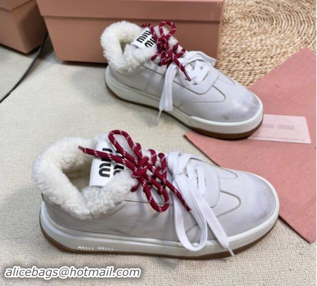 Stylish Miu Miu Bleached Leather Sneakers with Double Laces and Wool Fur Lining White 1114022