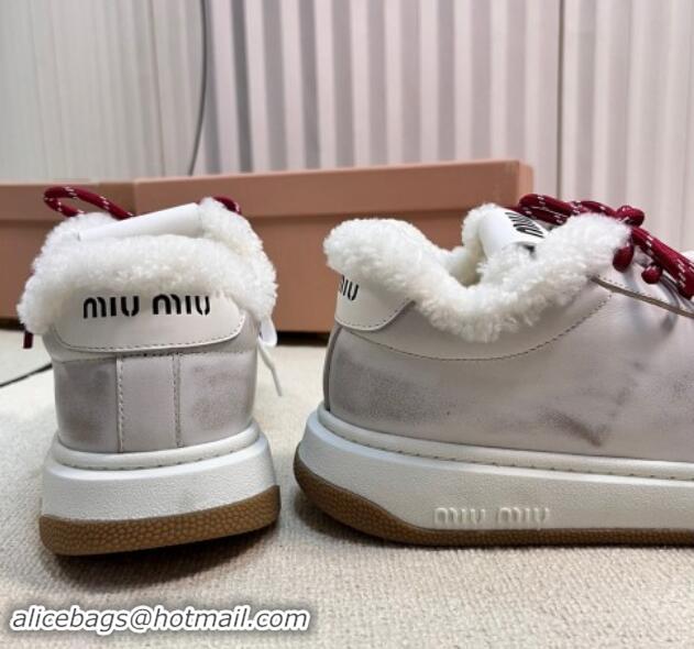 Stylish Miu Miu Bleached Leather Sneakers with Double Laces and Wool Fur Lining White 1114022