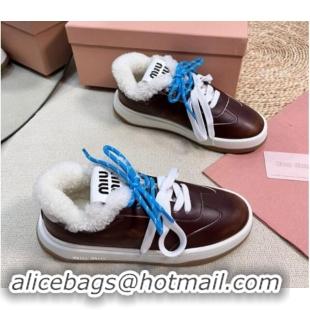 Charming Miu Miu Bleached Leather Sneakers with Double Laces and Wool Fur Lining Dark Brown 1114023