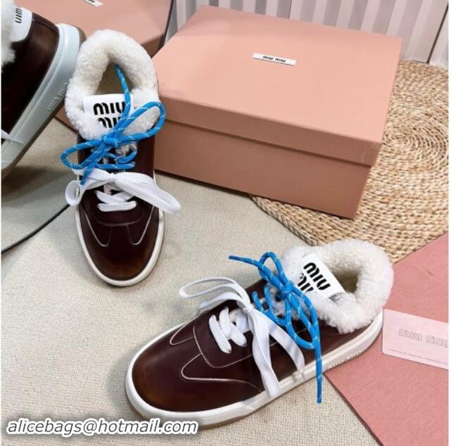 Charming Miu Miu Bleached Leather Sneakers with Double Laces and Wool Fur Lining Dark Brown 1114023