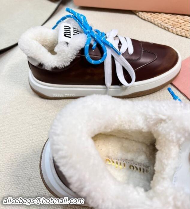 Charming Miu Miu Bleached Leather Sneakers with Double Laces and Wool Fur Lining Dark Brown 1114023