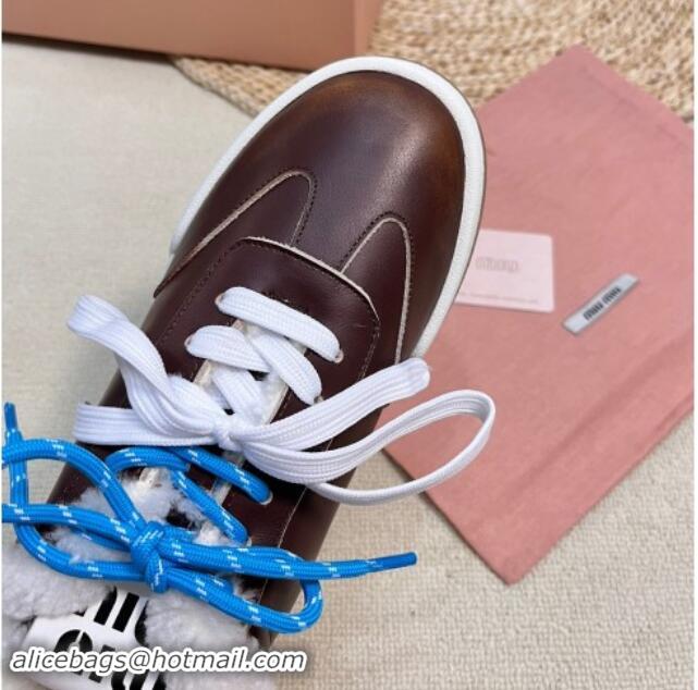 Charming Miu Miu Bleached Leather Sneakers with Double Laces and Wool Fur Lining Dark Brown 1114023