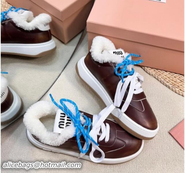 Charming Miu Miu Bleached Leather Sneakers with Double Laces and Wool Fur Lining Dark Brown 1114023