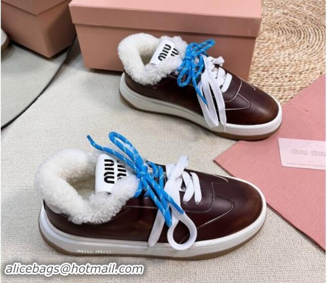 Charming Miu Miu Bleached Leather Sneakers with Double Laces and Wool Fur Lining Dark Brown 1114023