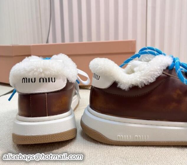 Charming Miu Miu Bleached Leather Sneakers with Double Laces and Wool Fur Lining Dark Brown 1114023