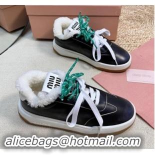 Most Popular Miu Miu Bleached Leather Sneakers with Double Laces and Wool Fur Lining Black 1114024