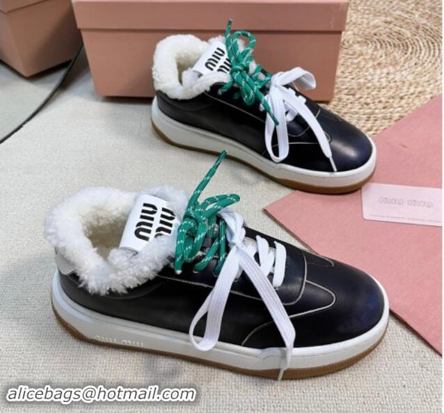 Most Popular Miu Miu Bleached Leather Sneakers with Double Laces and Wool Fur Lining Black 1114024