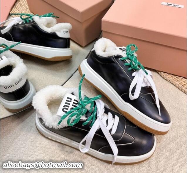 Most Popular Miu Miu Bleached Leather Sneakers with Double Laces and Wool Fur Lining Black 1114024