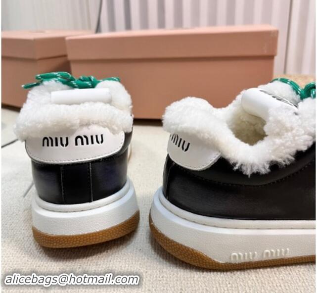 Most Popular Miu Miu Bleached Leather Sneakers with Double Laces and Wool Fur Lining Black 1114024