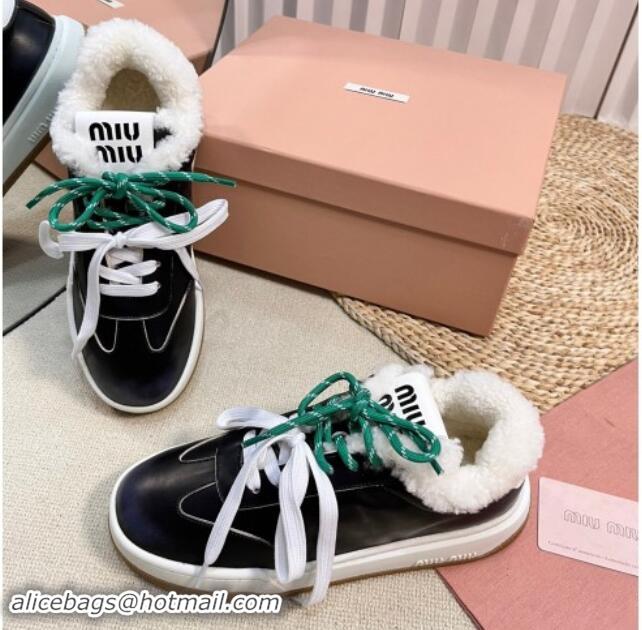 Most Popular Miu Miu Bleached Leather Sneakers with Double Laces and Wool Fur Lining Black 1114024