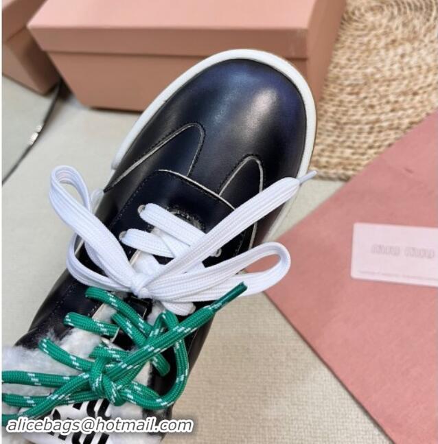 Most Popular Miu Miu Bleached Leather Sneakers with Double Laces and Wool Fur Lining Black 1114024