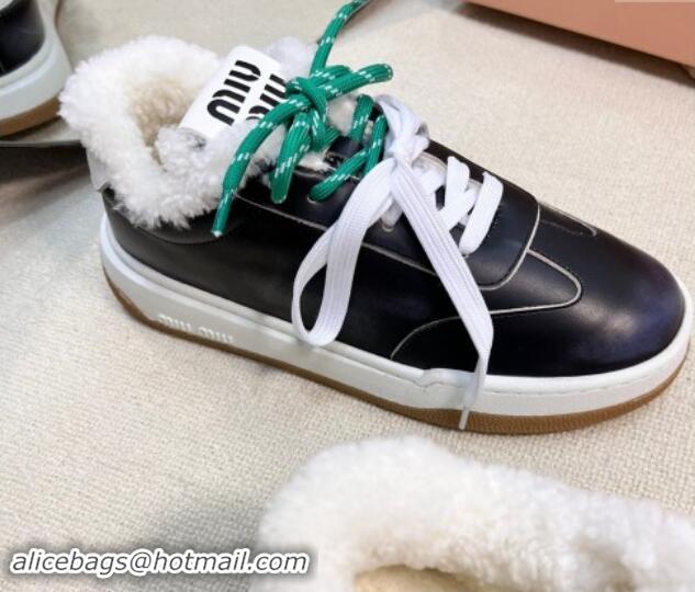 Most Popular Miu Miu Bleached Leather Sneakers with Double Laces and Wool Fur Lining Black 1114024