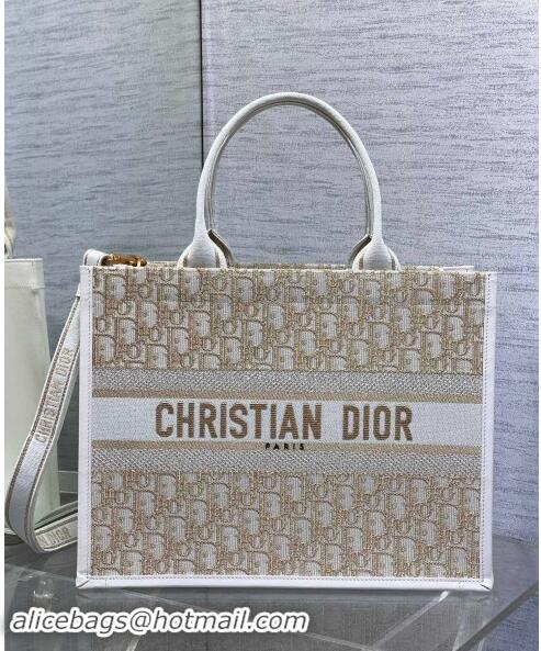 Grade Design  Dior Medium Book Tote Bag in Oblique Embroidery with Gold-Tone Metallic Thread and Latte D2047 White Calfs