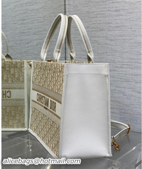 Grade Design  Dior Medium Book Tote Bag in Oblique Embroidery with Gold-Tone Metallic Thread and Latte D2047 White Calfs