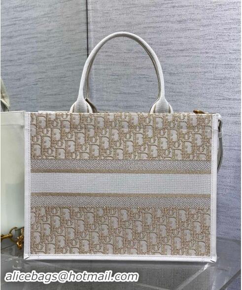 Grade Design  Dior Medium Book Tote Bag in Oblique Embroidery with Gold-Tone Metallic Thread and Latte D2047 White Calfs