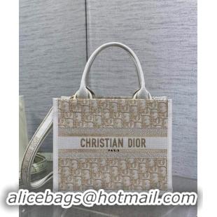 Top Grade Dior Small Dior Book Tote Bag in Oblique Embroidery with Gold-Tone Metallic Thread and Latte D2048 White Calfs