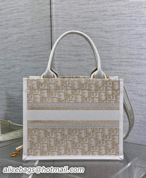 Top Grade Dior Small Dior Book Tote Bag in Oblique Embroidery with Gold-Tone Metallic Thread and Latte D2048 White Calfs