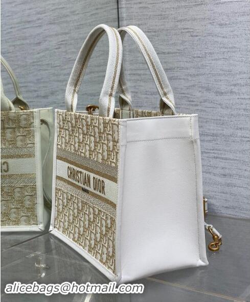 Top Grade Dior Small Dior Book Tote Bag in Oblique Embroidery with Gold-Tone Metallic Thread and Latte D2048 White Calfs