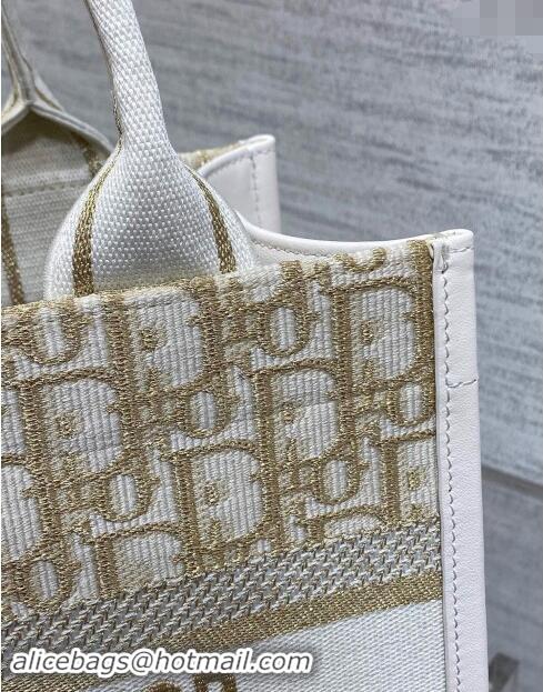 Top Grade Dior Small Dior Book Tote Bag in Oblique Embroidery with Gold-Tone Metallic Thread and Latte D2048 White Calfs