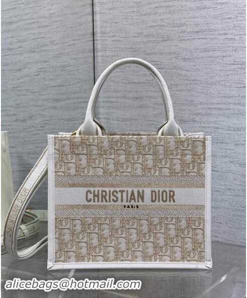 Top Grade Dior Small Dior Book Tote Bag in Oblique Embroidery with Gold-Tone Metallic Thread and Latte D2048 White Calfs