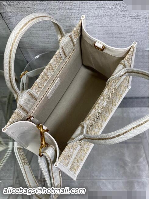 Top Grade Dior Small Dior Book Tote Bag in Oblique Embroidery with Gold-Tone Metallic Thread and Latte D2048 White Calfs