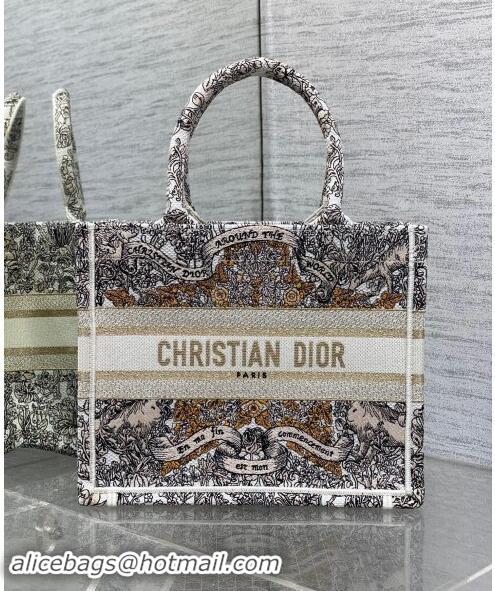 Best Price Dior Small Dior Book Tote bag in Latte White Embroidery with Gold-Tone Dior Around the World Motif D2048 2024