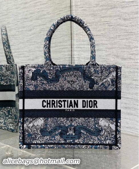 Shop Discount Dior Small Dior Book Tote bag in Blue Embroidery with White Dior Around the World Motif D2048 2024