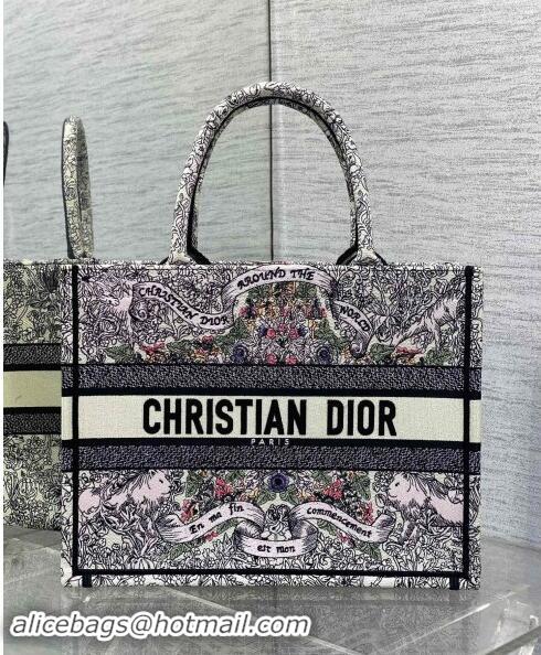 Top Quality Dior Medium Dior Book Tote bag in Latte White Embroidery with Multicolor Dior Around the World Motif D2047 2