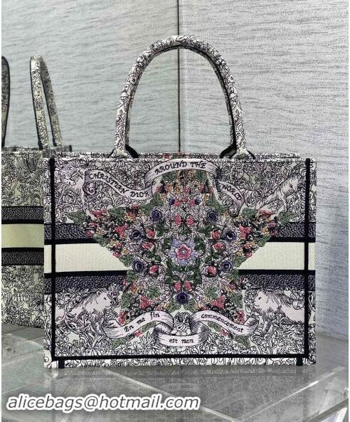 Top Quality Dior Medium Dior Book Tote bag in Latte White Embroidery with Multicolor Dior Around the World Motif D2047 2