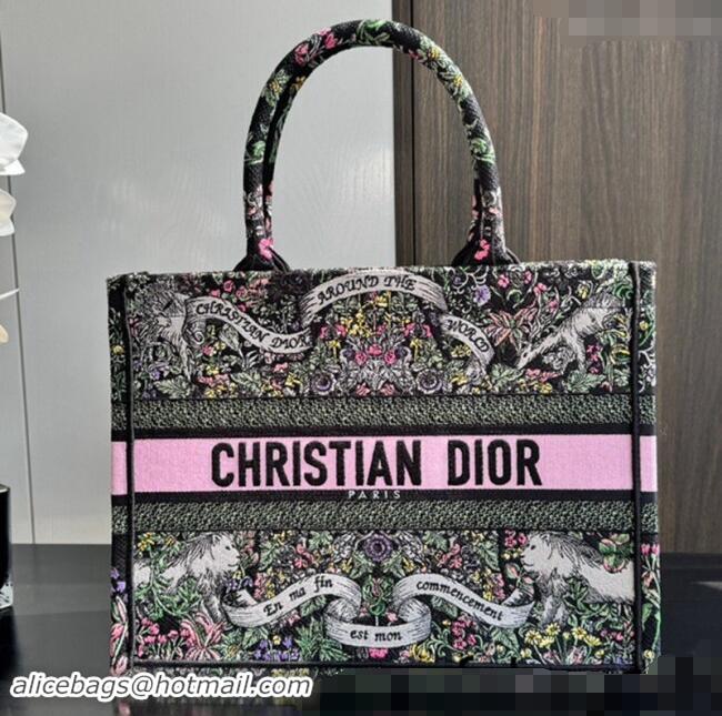 Famous Brand Dior Medium Dior Book Tote bag in Black Embroidery with Multicolor Dior Around the World Motif D2047 2024