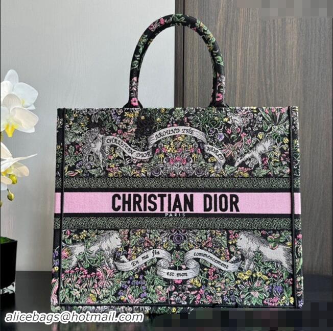 Luxurious Dior Large Dior Book Tote bag in Black Embroidery with Multicolor Dior Around the World Motif D2049 2024