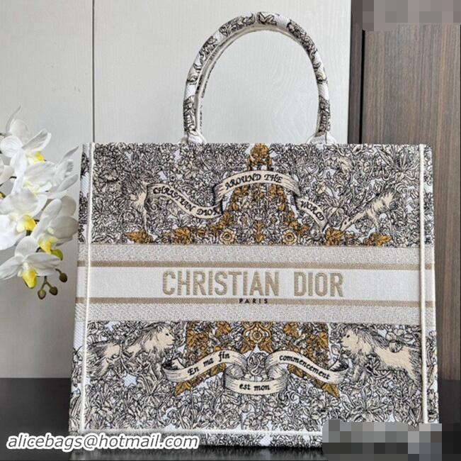 Free Shipping Dior Large Dior Book Tote bag in Latte White Embroidery with Gold-Tone Dior Around the World Motif D2049 2