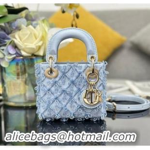 New Design Dior Satin Micro Lady Dior Bag with Beads Bow S0856 Light Blue 2024