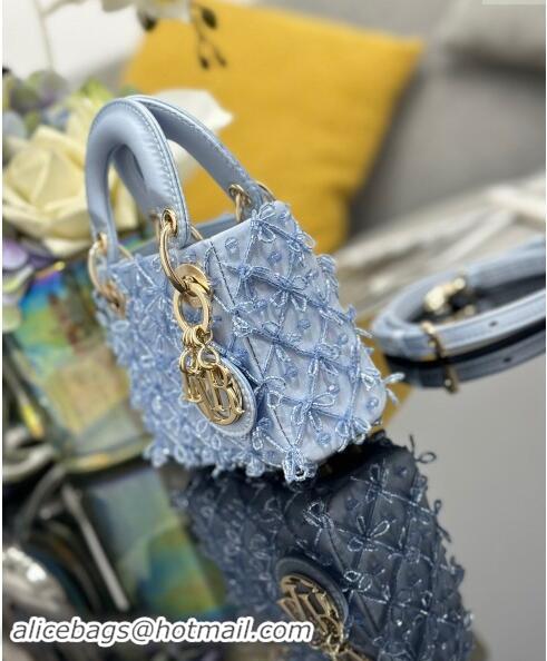 New Design Dior Satin Micro Lady Dior Bag with Beads Bow S0856 Light Blue 2024