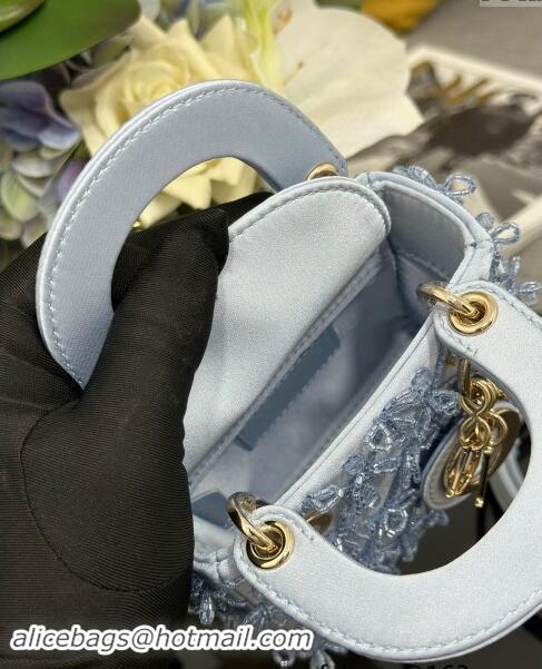 New Design Dior Satin Micro Lady Dior Bag with Beads Bow S0856 Light Blue 2024