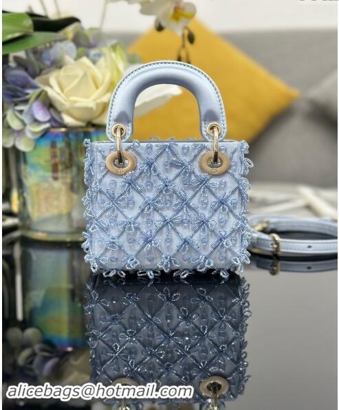 New Design Dior Satin Micro Lady Dior Bag with Beads Bow S0856 Light Blue 2024